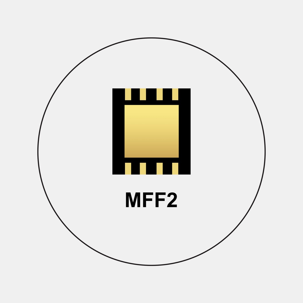 A square, gold-colored microchip with black details is centered within a circular outline. The text "MFF2" is written below the chip. The background is light grey.